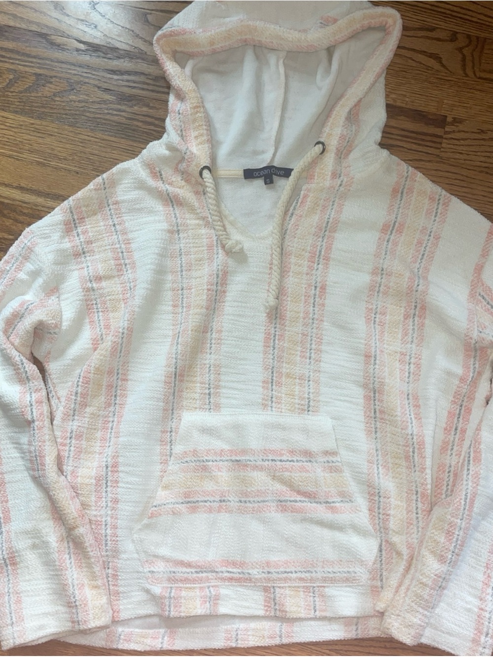 Ocean Drive Women’s Soft Cream & Pink Striped Baja Hoodie Pullover Small